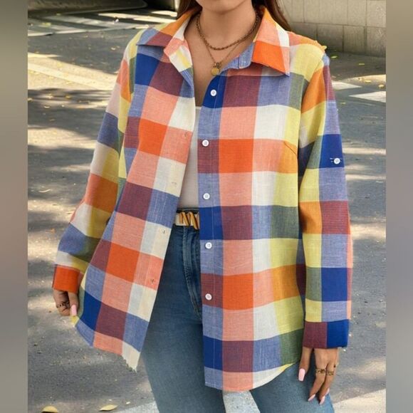 None Tops - Women's Shirt Button Front High-Low Style Role-up Adjustable Sleeves XL NWOT
